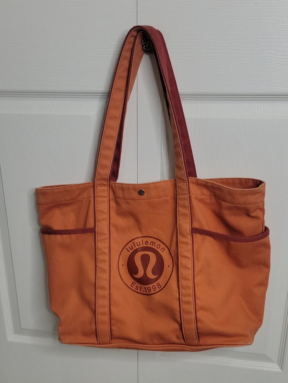 Lululemon Athletica Orange Daily Multi-Pocket Canvas Tote with Burgundy Trim - Picture 1 of 6